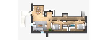 A top down view of a house with a living room, dining room, kitchen, and a staircase.