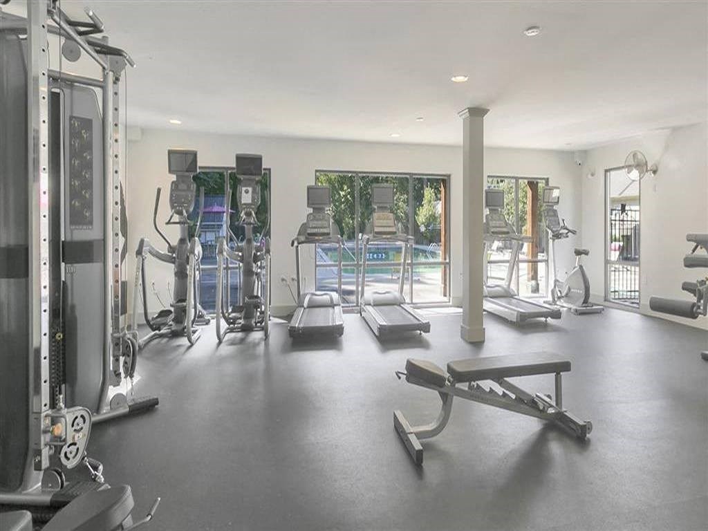 a gym with weights and cardio equipment and a swimming pool
