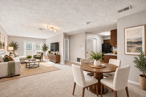 A well-lit, spacious living room with a dining area and a kitchen in the background.