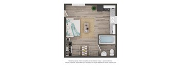A 3D floor plan of a bathroom with a bathtub, toilet, and sink.