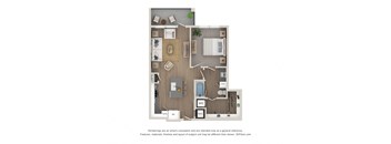 A floor plan of a house with a kitchen, living room, dining room, and bathroom.