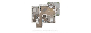 A floor plan of a house with a living room, kitchen, dining room, and two bedrooms.
