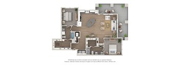 A floor plan of a house with a kitchen, living room, and bathrooms.