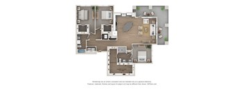 A 3D floor plan of a house with labeled rooms.