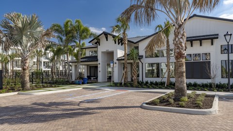 A white building with a black roof and palm trees in front.