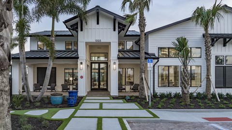 A modern house with a white exterior and a black roof is surrounded by palm trees.