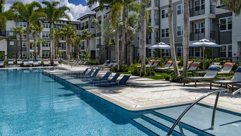 A swimming pool surrounded by palm trees and lounge chairs.