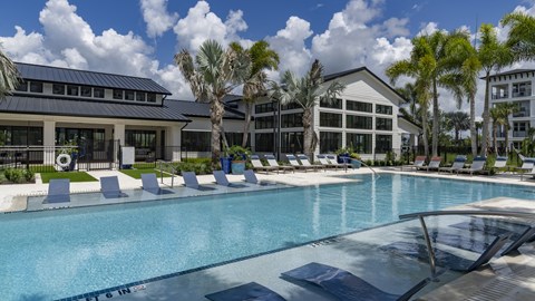 A large swimming pool in front of a building with palm trees.