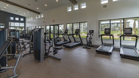 A gym with treadmills, weights, and exercise equipment.