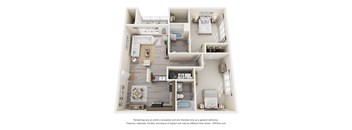 A 3D floor plan of a house with a kitchen, living room, and bedrooms.