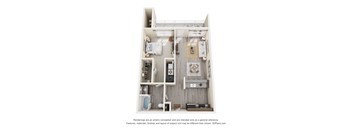 A 3D floor plan of a small apartment with a kitchen, living room, and bathroom.