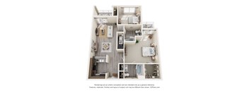 A 3D floor plan of a house with a kitchen, living room, and bedrooms.