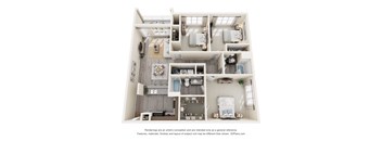 A 3D floor plan of a house with a kitchen, living room, and bedrooms.