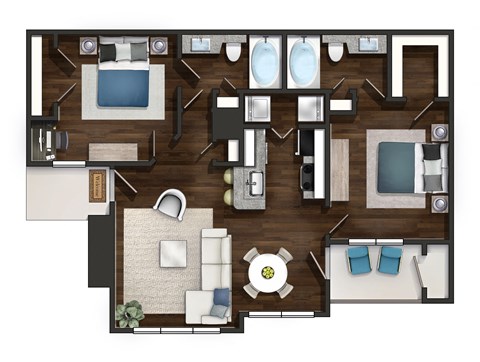 a 3d drawing of a floor plan with furniture and a table