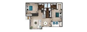 a 3d floor plan of a hotel room with a bedroom and a living room