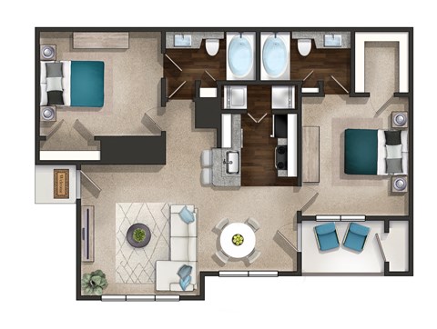 a 3d floor plan of a hotel room with a bedroom and a living room