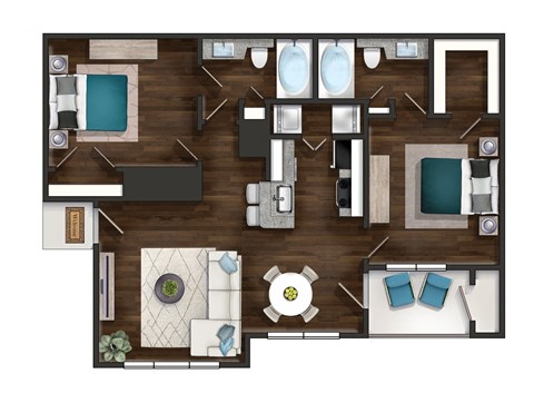 a 3d floor plan of a hotel room with a bedroom and a living room