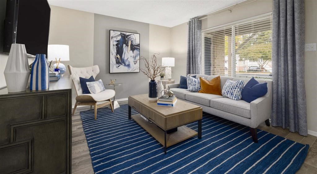 a living room with a couch and a coffee table