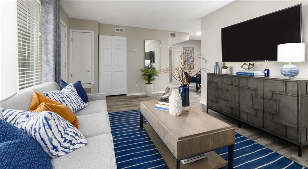 a living room with a couch and a television