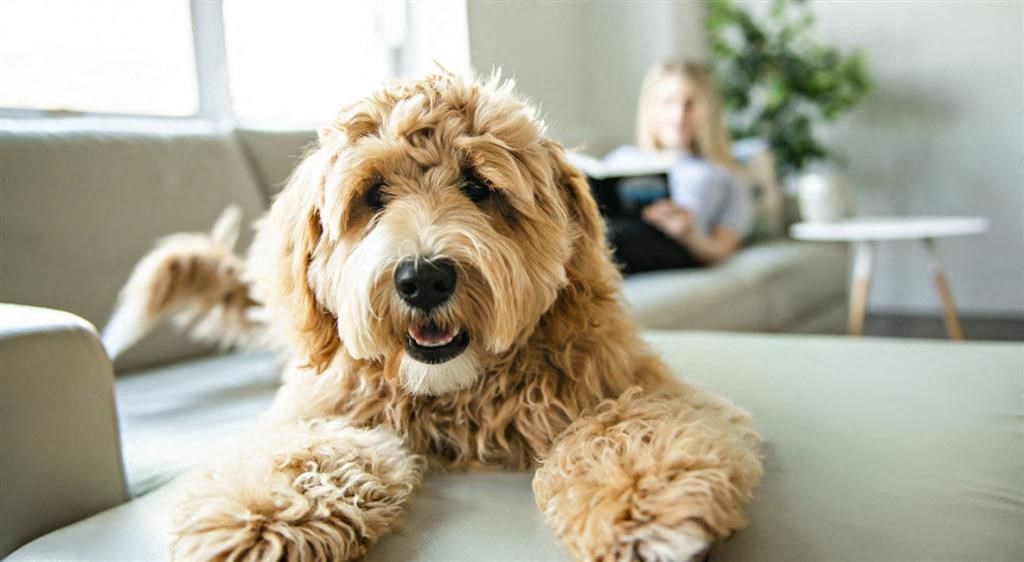 a dog laying on a table with a girl on the couch