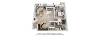 A 3D floor plan of a house with a kitchen, living room, and bedrooms.