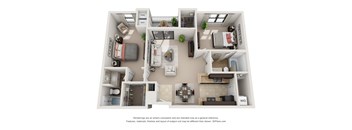 A 3D floor plan of a house with labeled rooms.