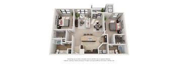 A 3D floor plan of a small apartment with a kitchen, living room, and bedrooms.