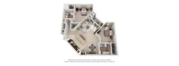 A 3D floor plan of a house with labeled rooms.