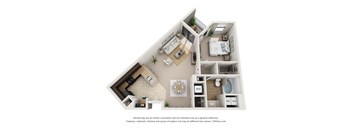 A 3D floor plan of a house with labeled rooms.