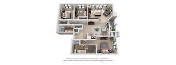 A 3D floor plan of a house with labeled rooms.