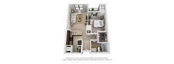 A 3D floor plan of a house with labeled rooms.