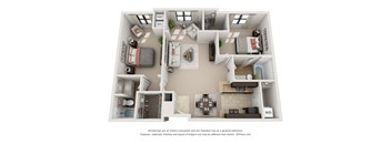 A 3D floor plan of a small apartment with a kitchen, living room, and bedrooms.