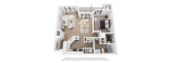 A 3D floor plan of a house with a kitchen, living room, and two bedrooms.