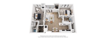 A 3D floor plan of a house with a kitchen, living room, and bedrooms.