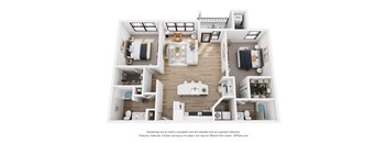 A 3D floor plan of a house with a kitchen, living room, and bedrooms.