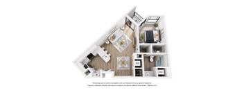 A 3D floor plan of a small apartment with a kitchen, living room, and bedrooms.