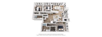 A 3D floor plan of a house with multiple rooms and furniture.