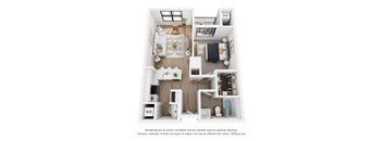 A 3D floor plan of a small apartment with a kitchen, living room, and bedroom.