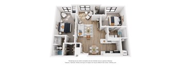 A 3D floor plan of a small apartment with a kitchen, living room, and bedrooms.