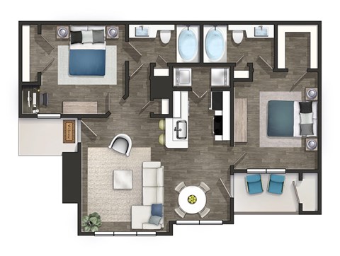 a 3d floor plan of a hotel room