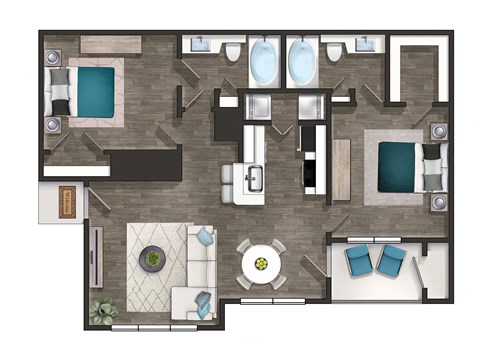 a 3d floor plan of a hotel room