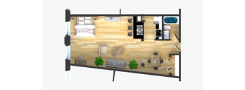 A 3D image of a room with a bed, a couch, a table, and a few potted plants.