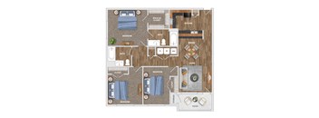 A floor plan of a house with a kitchen, dining area, living room, and two bedrooms.