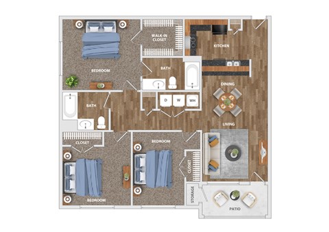 A floor plan of a house with a kitchen, dining area, living room, and two bedrooms.