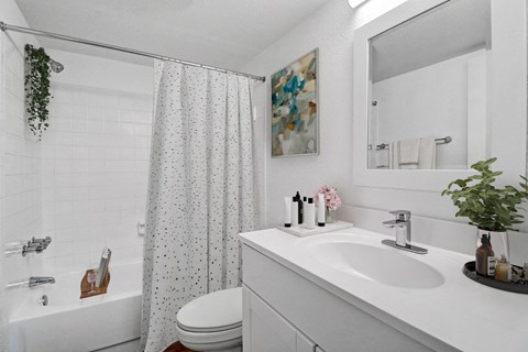 a white bathroom with a shower and a sink and a toilet