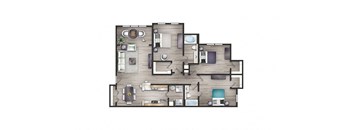 3d floor plan of a residence with bedrooms and baths