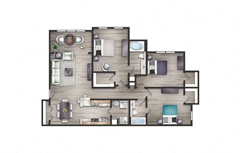 3d floor plan of a residence with bedrooms and baths