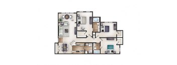 3d floor plan of a 3 bedroom apartment