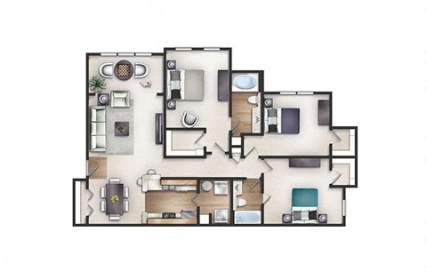 3d floor plan of a 3 bedroom apartment