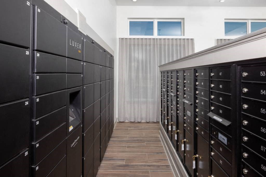 a row of filing cabinets in a room with vaulted ceilings